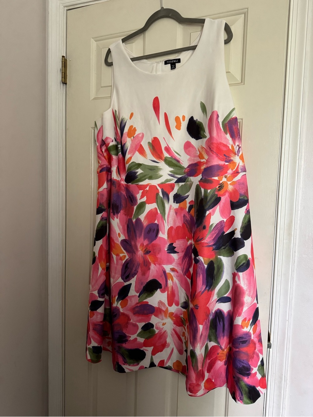 Roz & Ali White Floral Sleeveless Mini Dress with Pink, Purple and Green Blooms